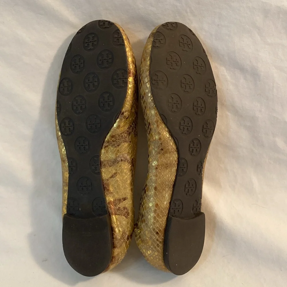 Tory Burch REVA GOLD LEATHER Medallion SNAKESKIN BALEET FLATS Size 8M VGC